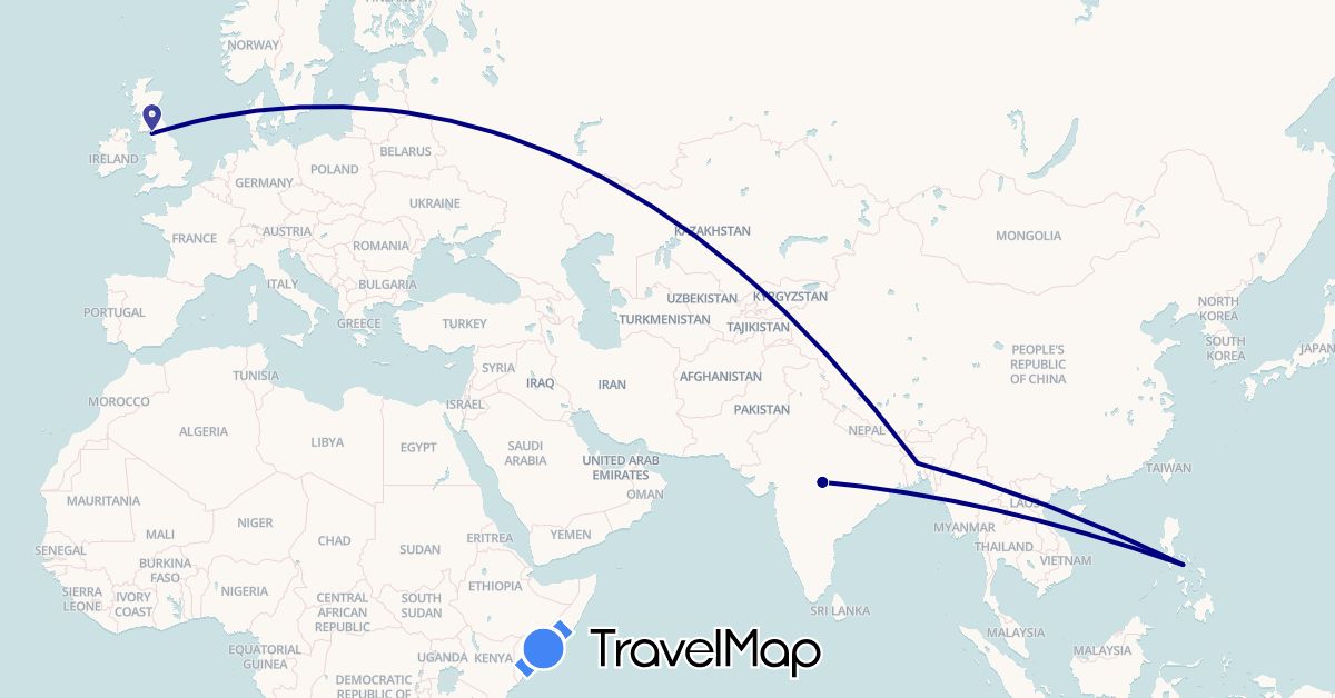 TravelMap itinerary: driving in Bangladesh, United Kingdom, India, Philippines (Asia, Europe)